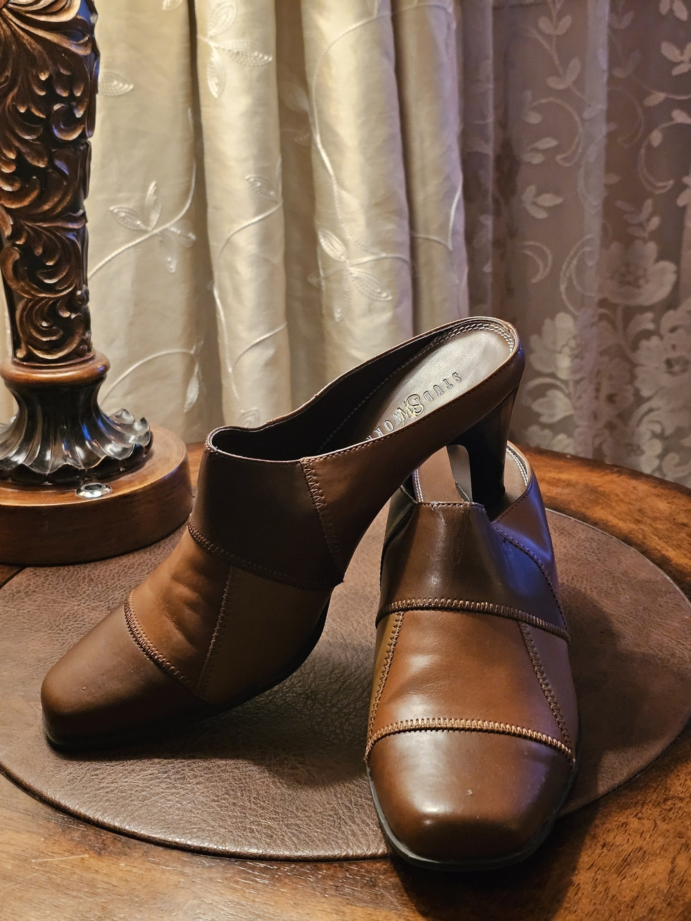 Women's Brown Leather Heeled Mules — Classic Slip-On Comfort